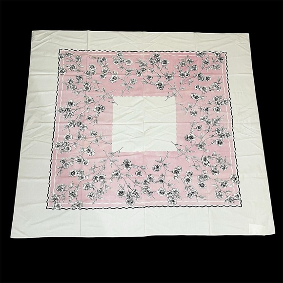 1940s Era Pink Black White Floral Tablecloth 63” x 57” Beautifully Maintained - Picture 2 of 10